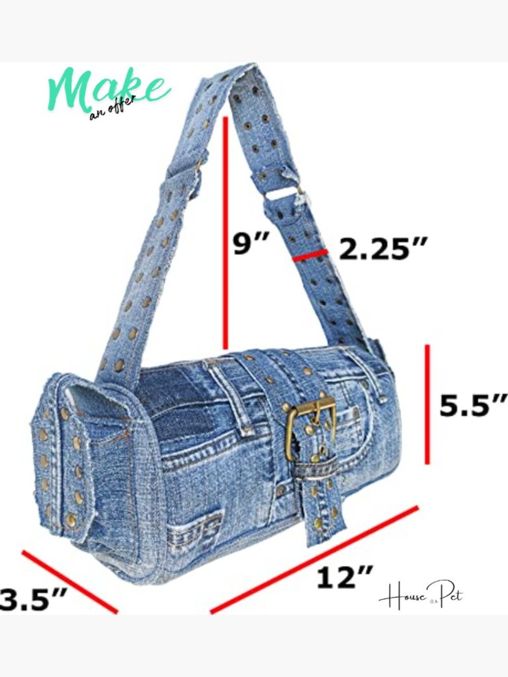 Upcycled Denim Barrel Shoulder Bag with Brass Rivet & Buckle Details - Picture 6 of 7